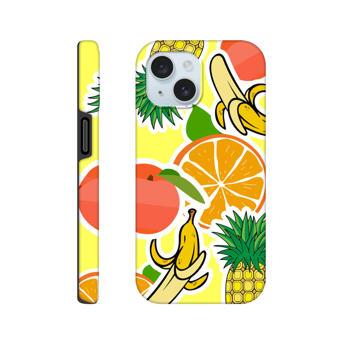 Yellow tropical fruit sticker effect iPhone case featuring bold orange, banana, and pineapple graphics on a bright yellow background.