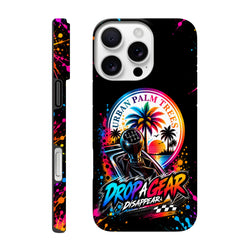 Vibrant iPhone case featuring manual gear stick and palm tree sunset design with colorful paint splatters and Drop A Gear text.