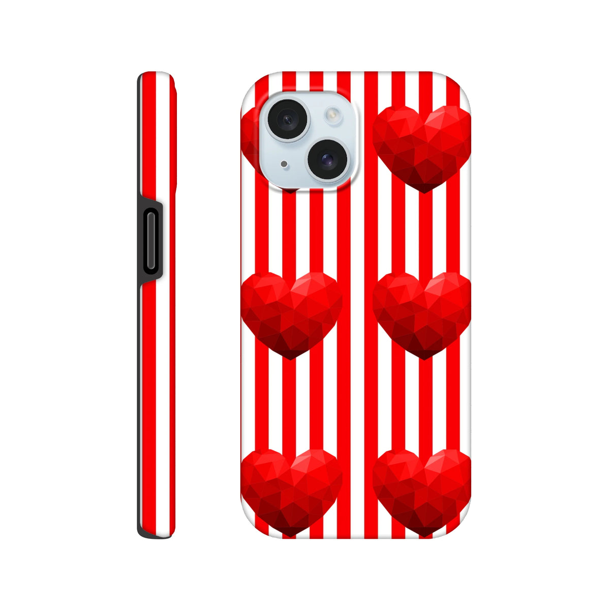 Retro red and white striped iPhone case featuring faceted 3D love hearts, offering tough protection and bold streetwear style.