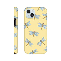 Yellow tough iPhone case featuring a cute blue dragonfly pattern on a pale yellow background.protective phone cover for iPhone 13-16.