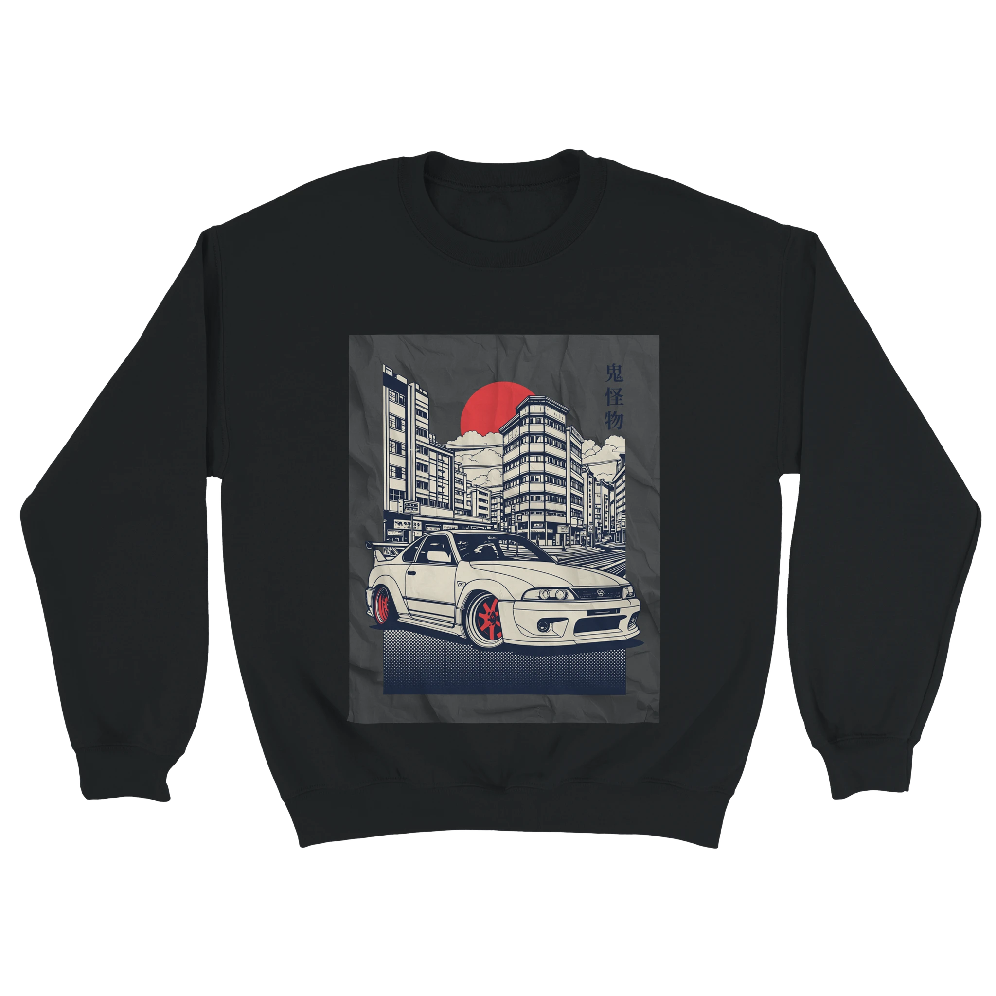 Car Jumper JDM sweatshirt graphic: white sports car in a cityscape with a red sun and Japanese text.