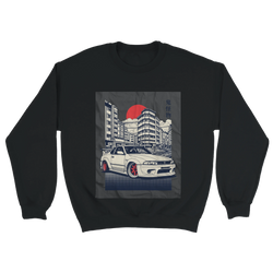 Car Jumper JDM sweatshirt graphic: white sports car in a cityscape with a red sun and Japanese text.