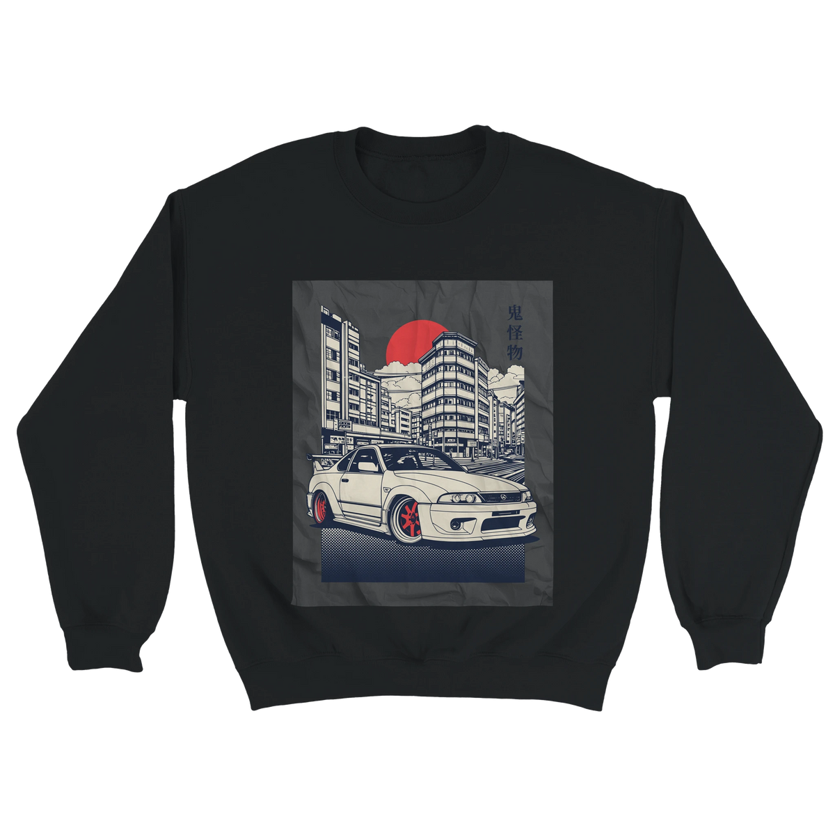 Car Jumper JDM sweatshirt graphic: white sports car in a cityscape with a red sun and Japanese text.