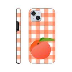 Peach fruit graphic on retro orange gingham iPhone case with full wraparound checkered design and tough protection.