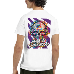 White men's tee featuring colorful retro skull with headphones, palm tree, and "Made To Make Noise" back print graphic.
