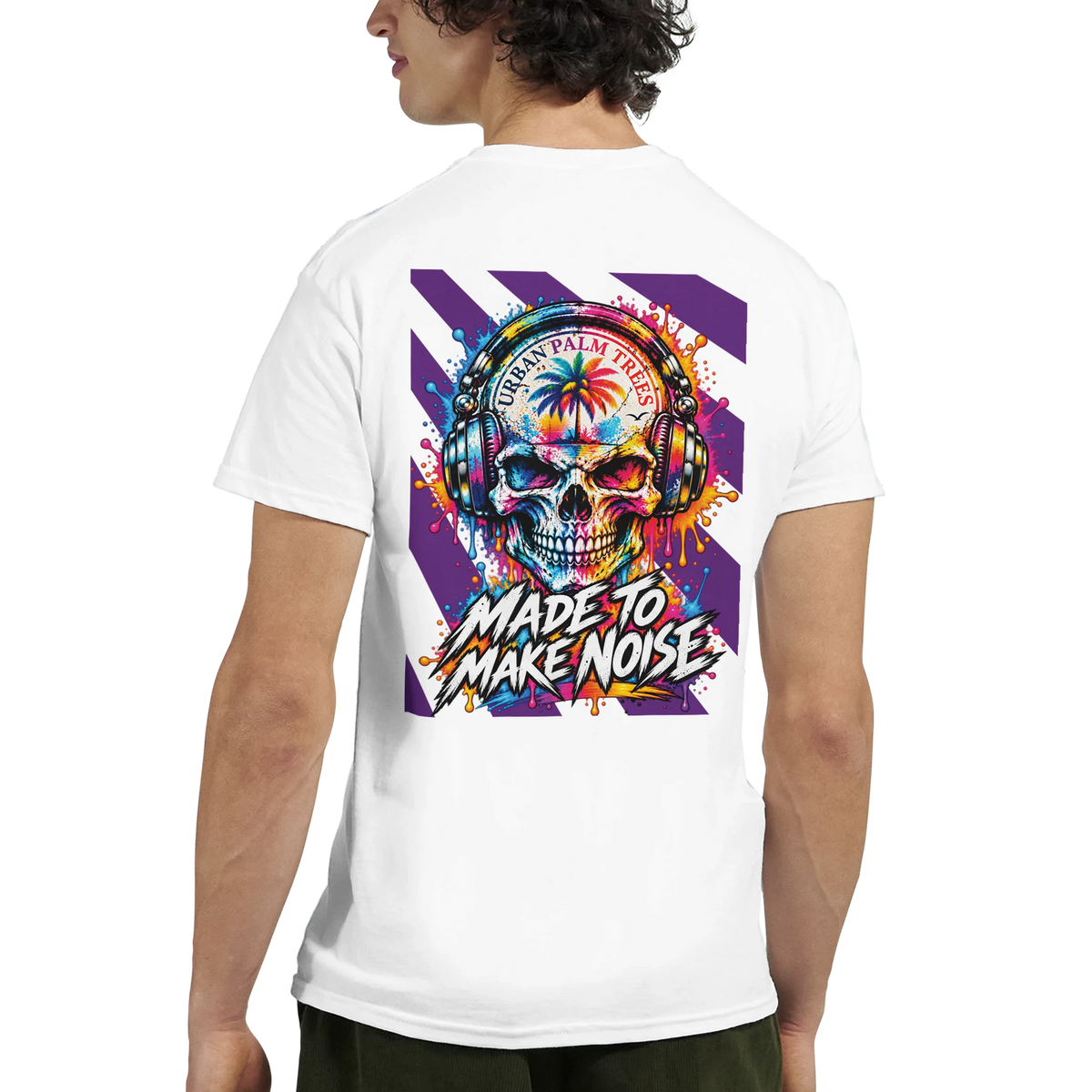 White men's tee featuring colorful retro skull with headphones, palm tree, and "Made To Make Noise" back print graphic.