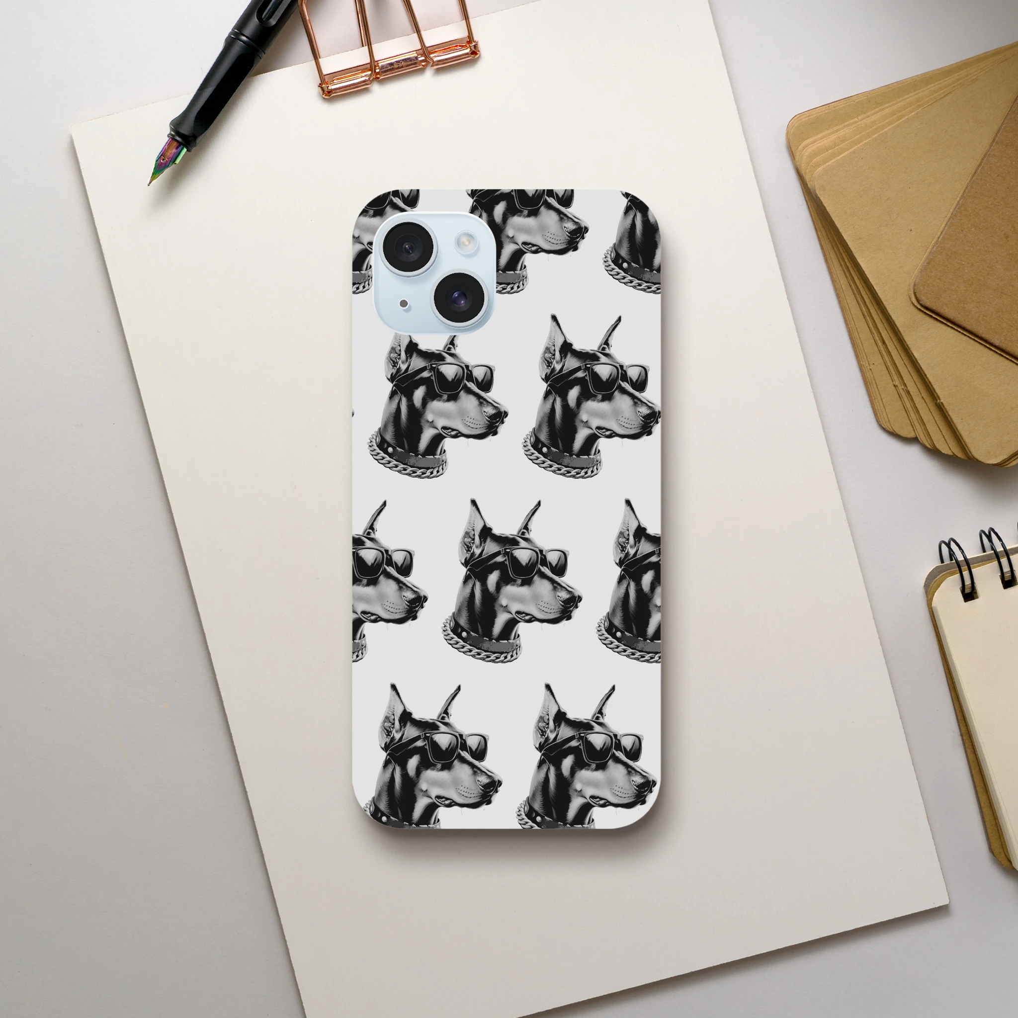 Phone case with wraparound gangster Doberman pattern on white background.