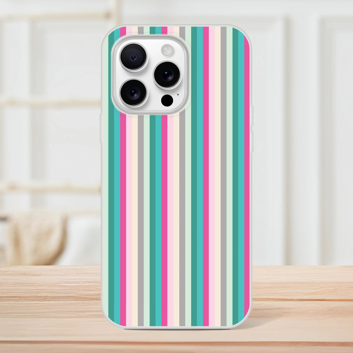 Pastel stripe iPhone case for 13-16, colorful aesthetic phone cover with bold vertical stripes.