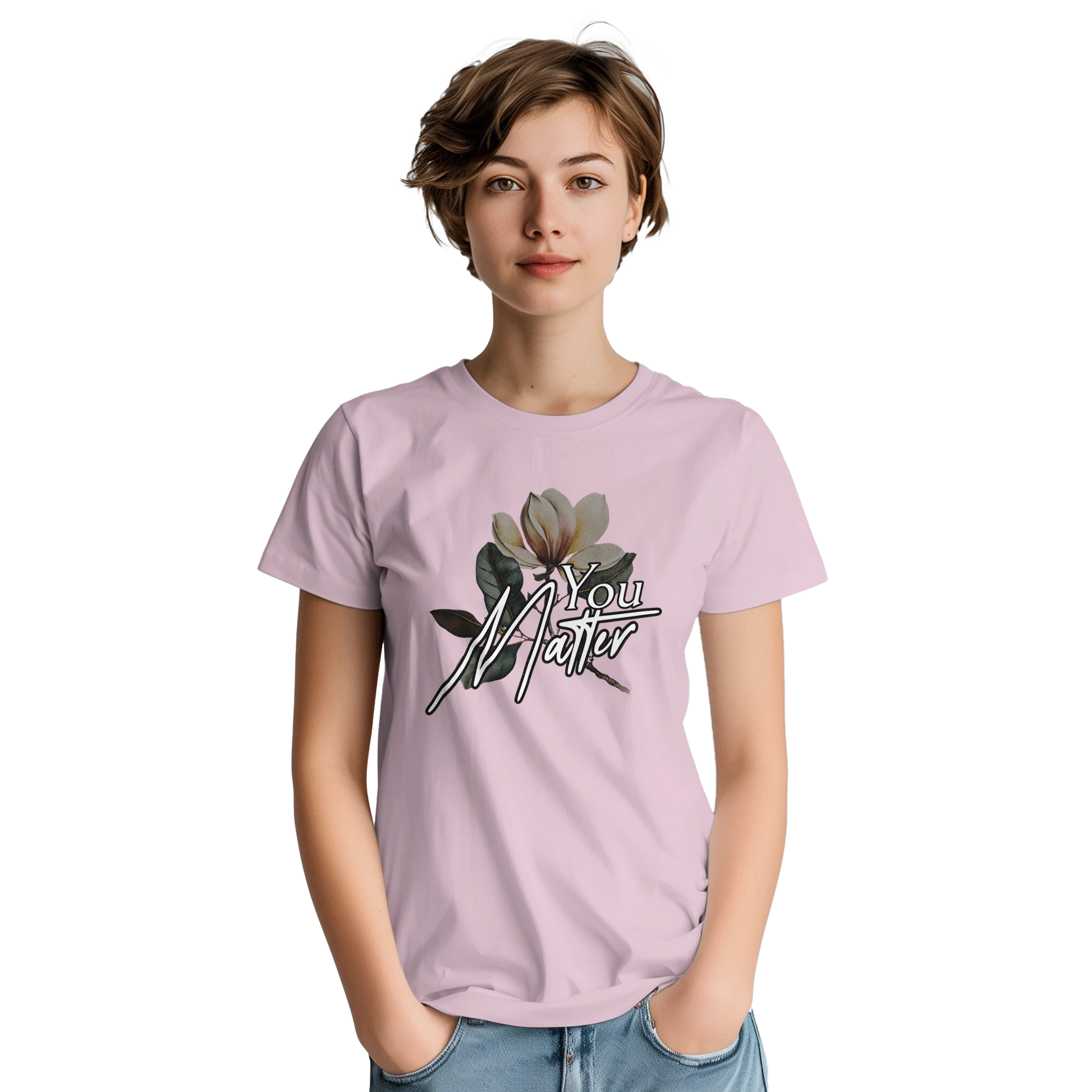 Woman wearing pink You Matter slogan tee with floral graphic; women's relaxed-fit cotton blend t-shirt.