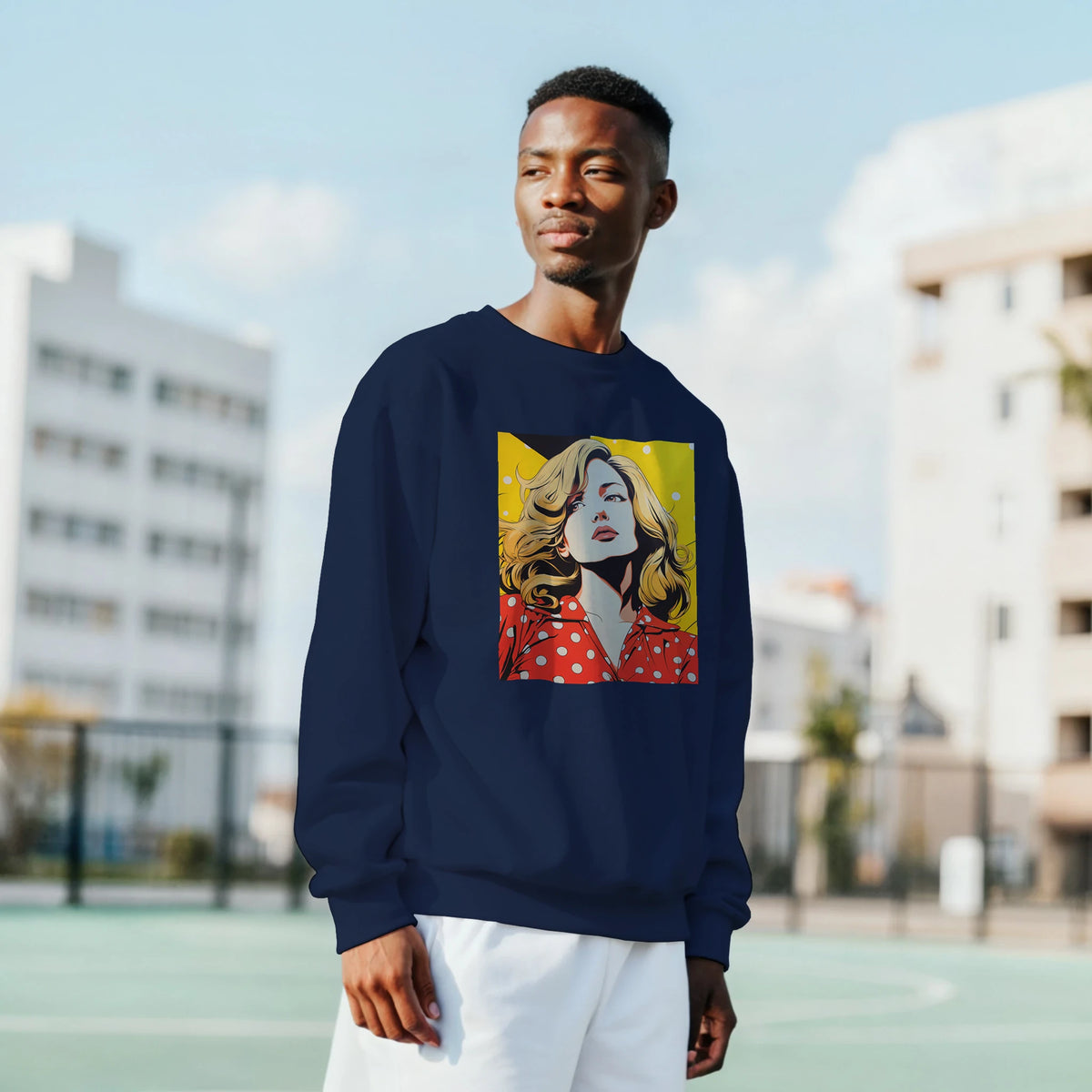 Man wearing navy blue sweatshirt featuring retro pop art woman graphic with vintage comic style design.