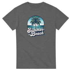 Gray women's graphic tee with a circular tropical beach scene: palm tree, ocean waves, sunset, and 'Summer Beach' script.