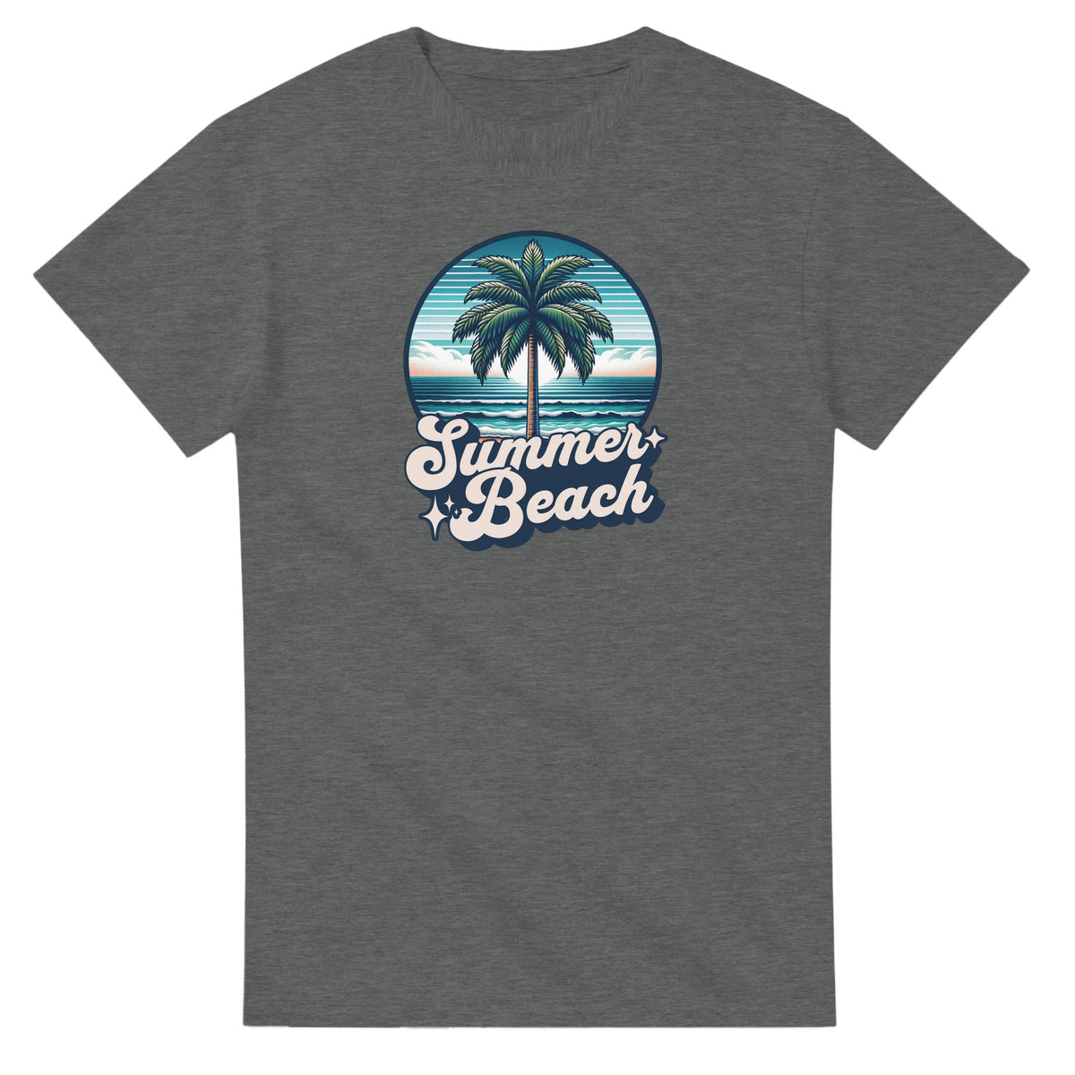 Gray women's graphic tee with a circular tropical beach scene: palm tree, ocean waves, sunset, and 'Summer Beach' script.