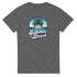 Gray women's graphic tee with a circular tropical beach scene: palm tree, ocean waves, sunset, and 'Summer Beach' script.