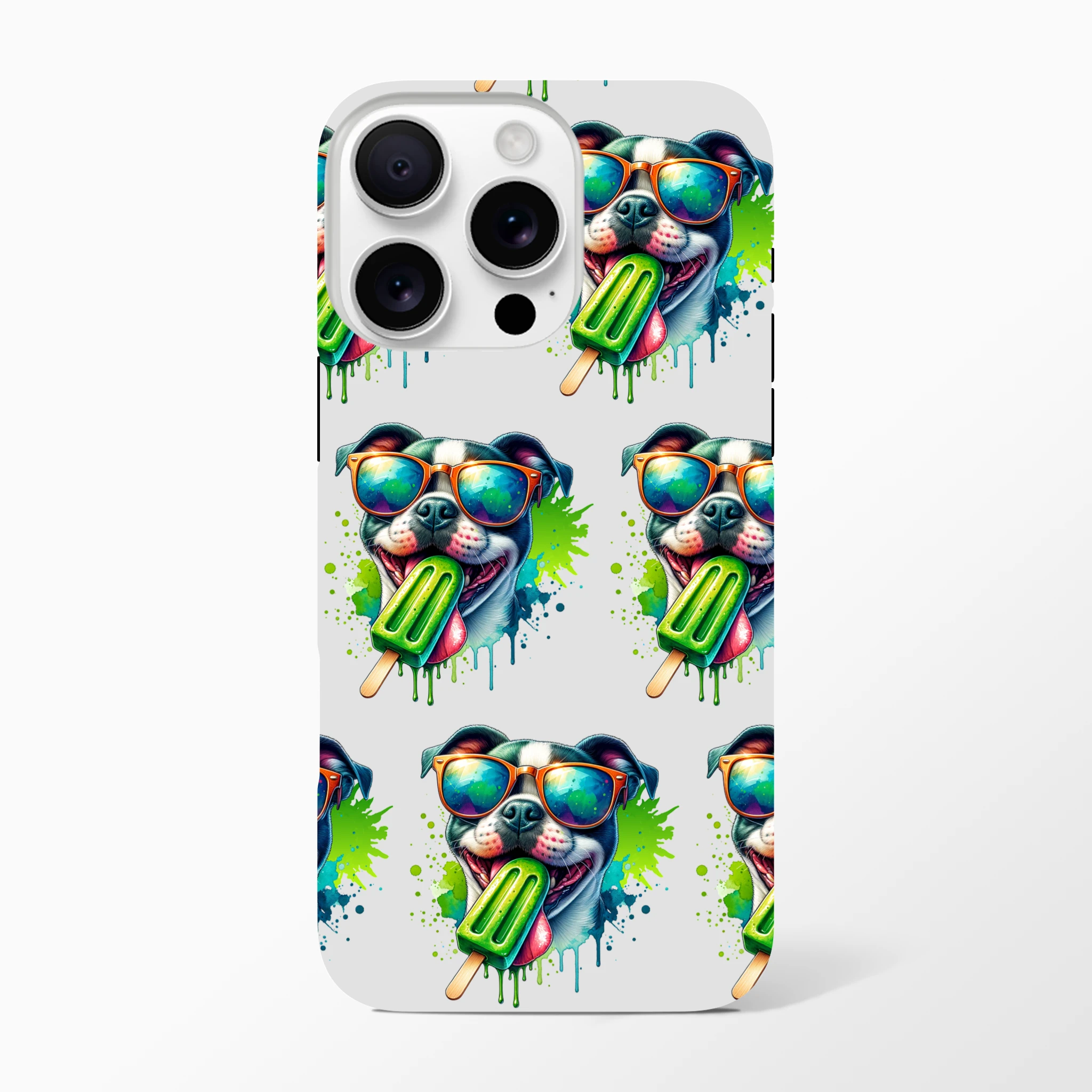 Chill dog phone case with wraparound print featuring a colorful sunglasses-wearing dog and popsicle design on a glossy cover