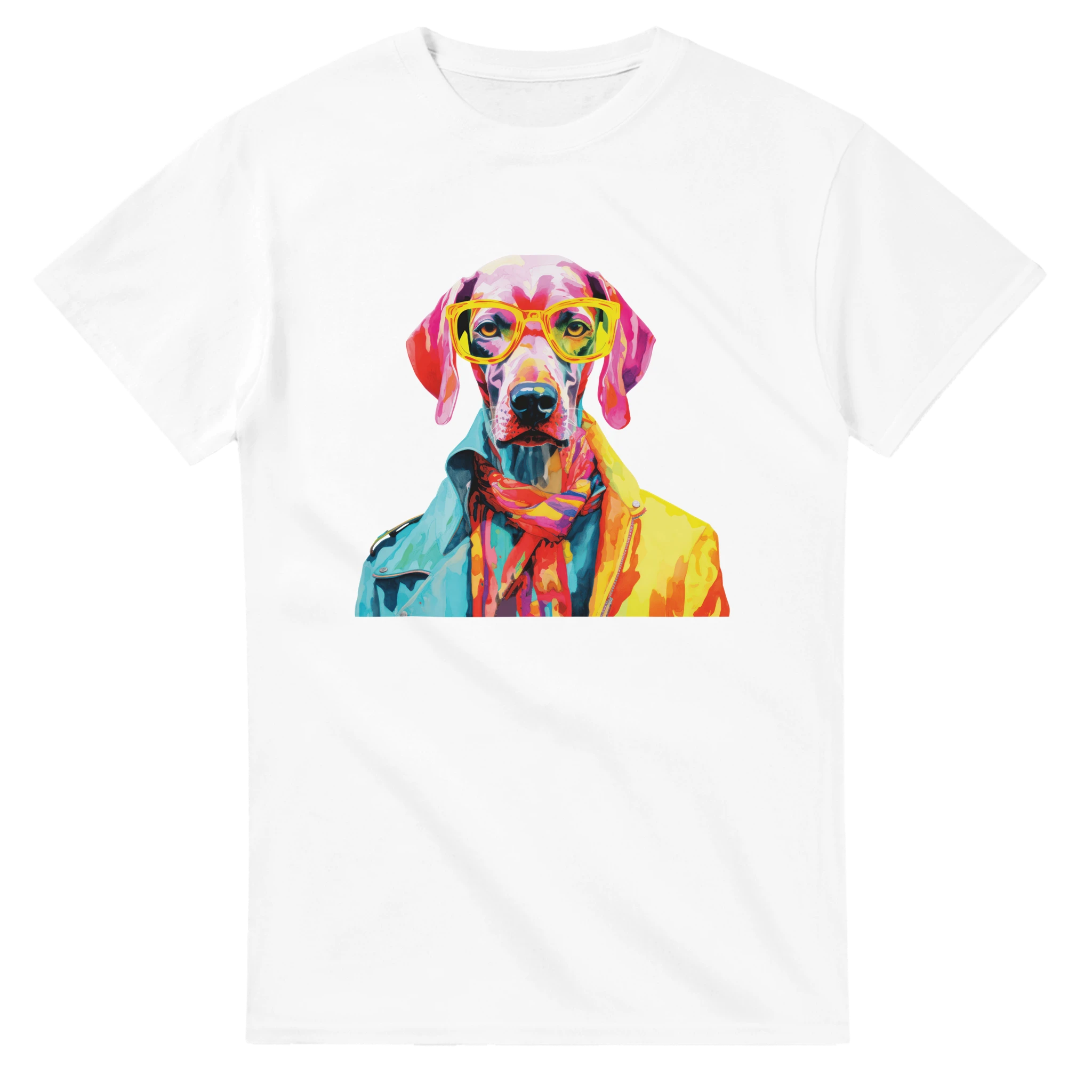 White women's graphic tee in soft cotton-blend, featuring a colorful dog wearing yellow sunglasses and a jacket.