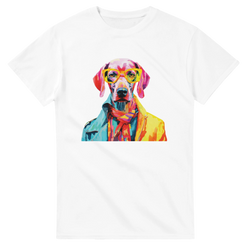 White women's graphic tee in soft cotton-blend, featuring a colorful dog wearing yellow sunglasses and a jacket.