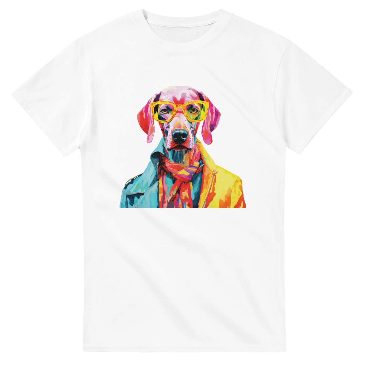 White women's graphic tee in soft cotton-blend, featuring a colorful dog wearing yellow sunglasses and a jacket.