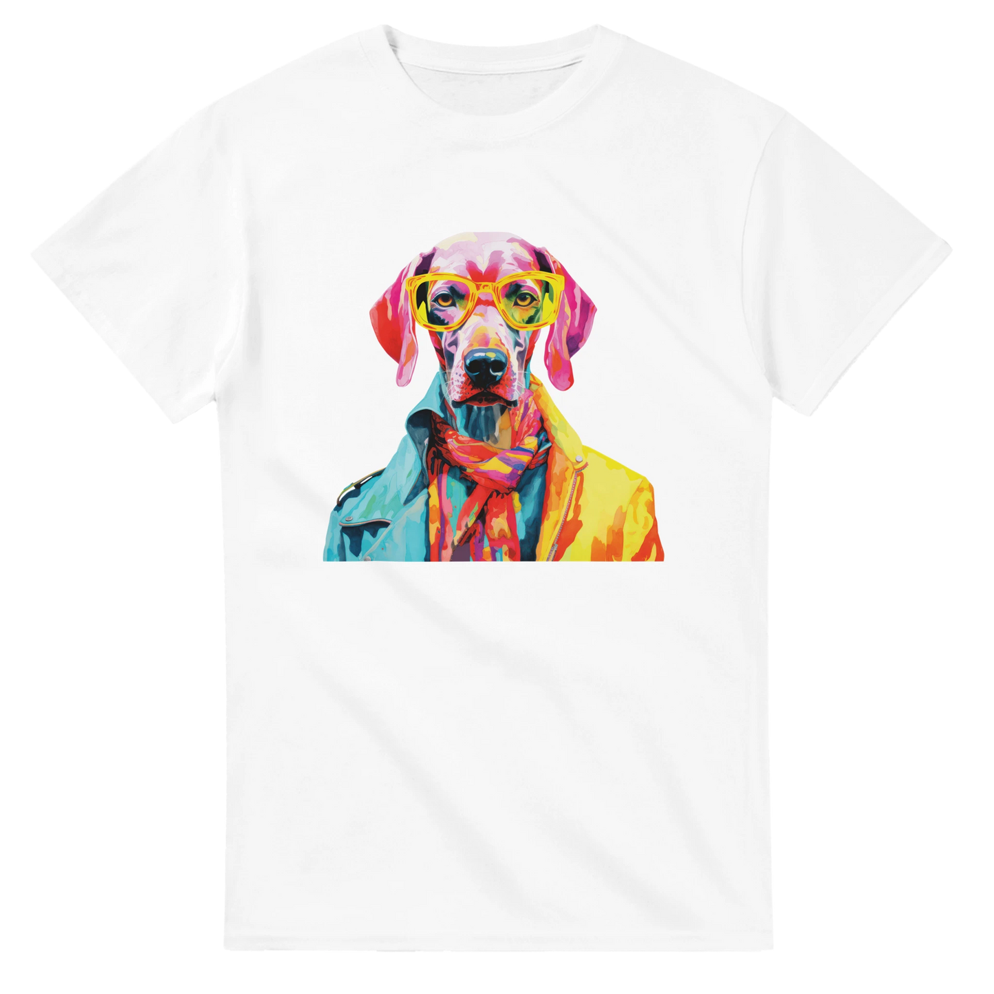 White women's graphic tee in soft cotton-blend, featuring a colorful dog wearing yellow sunglasses and a jacket.