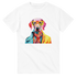 White women's graphic tee in soft cotton-blend, featuring a colorful dog wearing yellow sunglasses and a jacket.