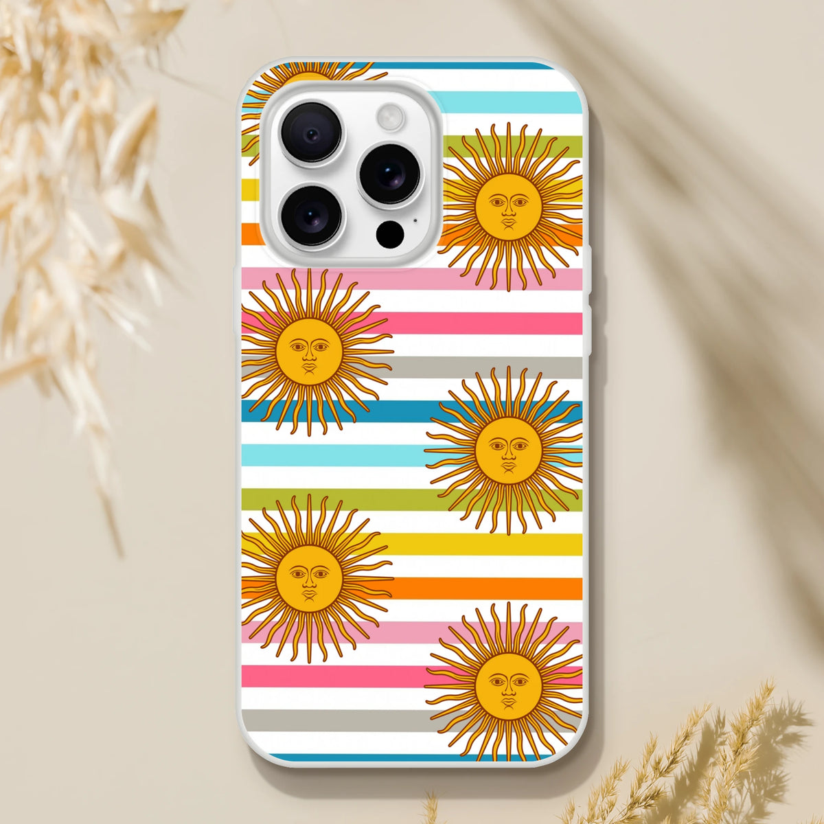 Retro rainbow sun iPhone case for iPhone 13-16 with boho striped design and matte finish