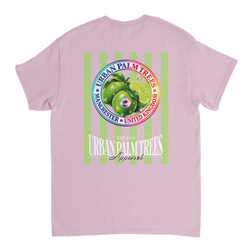 Pink short sleeve tee back featuring vintage retro lime graphic with striped fruit artwork and Urban Palm Trees typography.