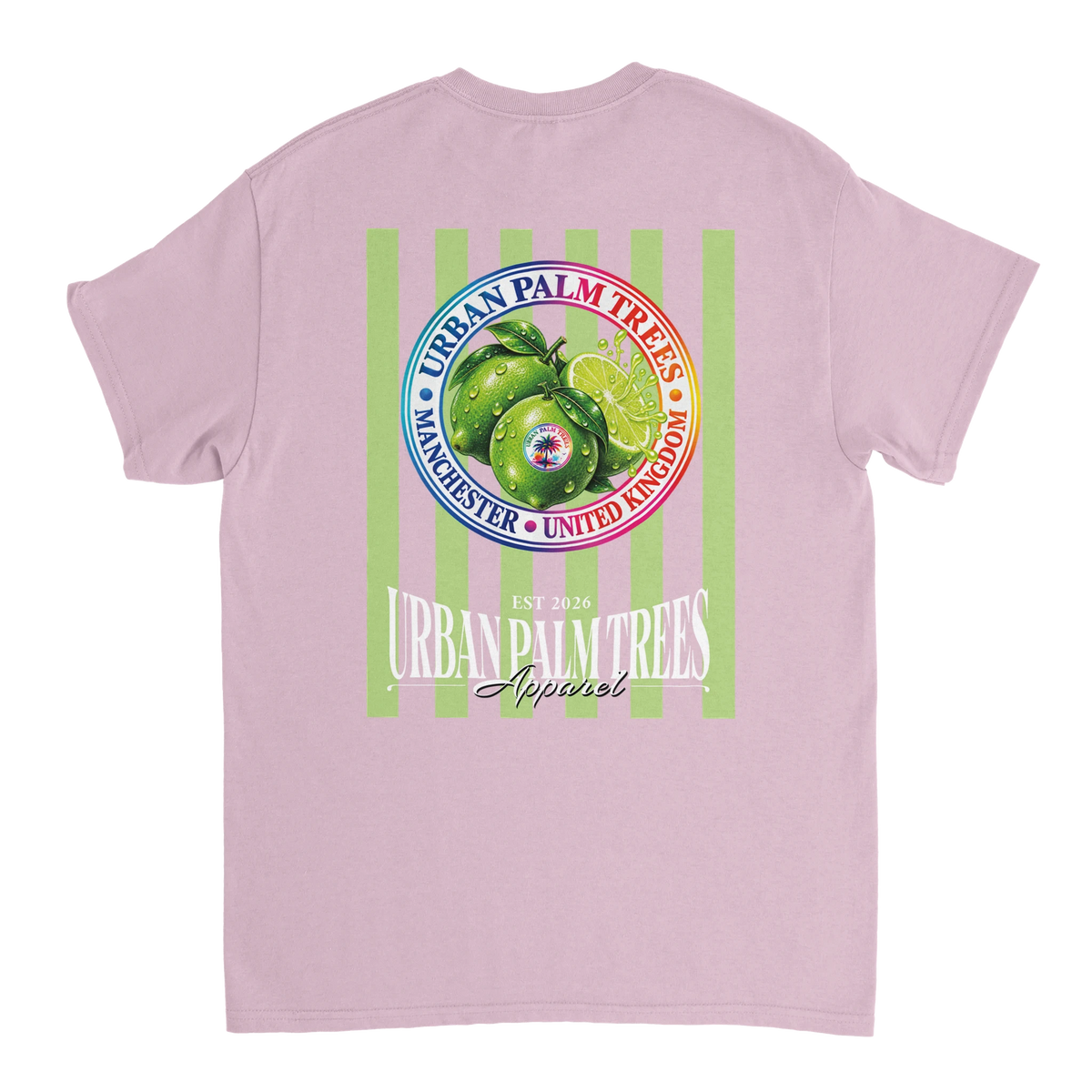 Pink short sleeve tee back featuring vintage retro lime graphic with striped fruit artwork and Urban Palm Trees typography.