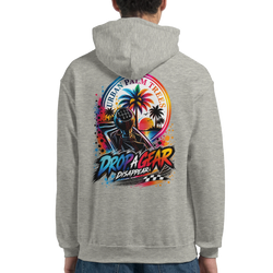 Grey hoodie back featuring "Drop A Gear Disappear" graphic with manual shifter, palm trees, and retro sunset design. Petrolhead streetwear.