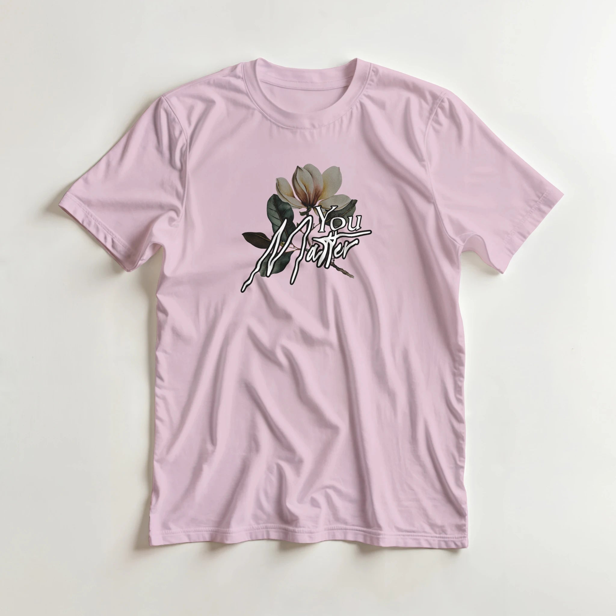 Pink women's T-shirt with You Matter slogan and floral graphic on front, soft cotton blend.