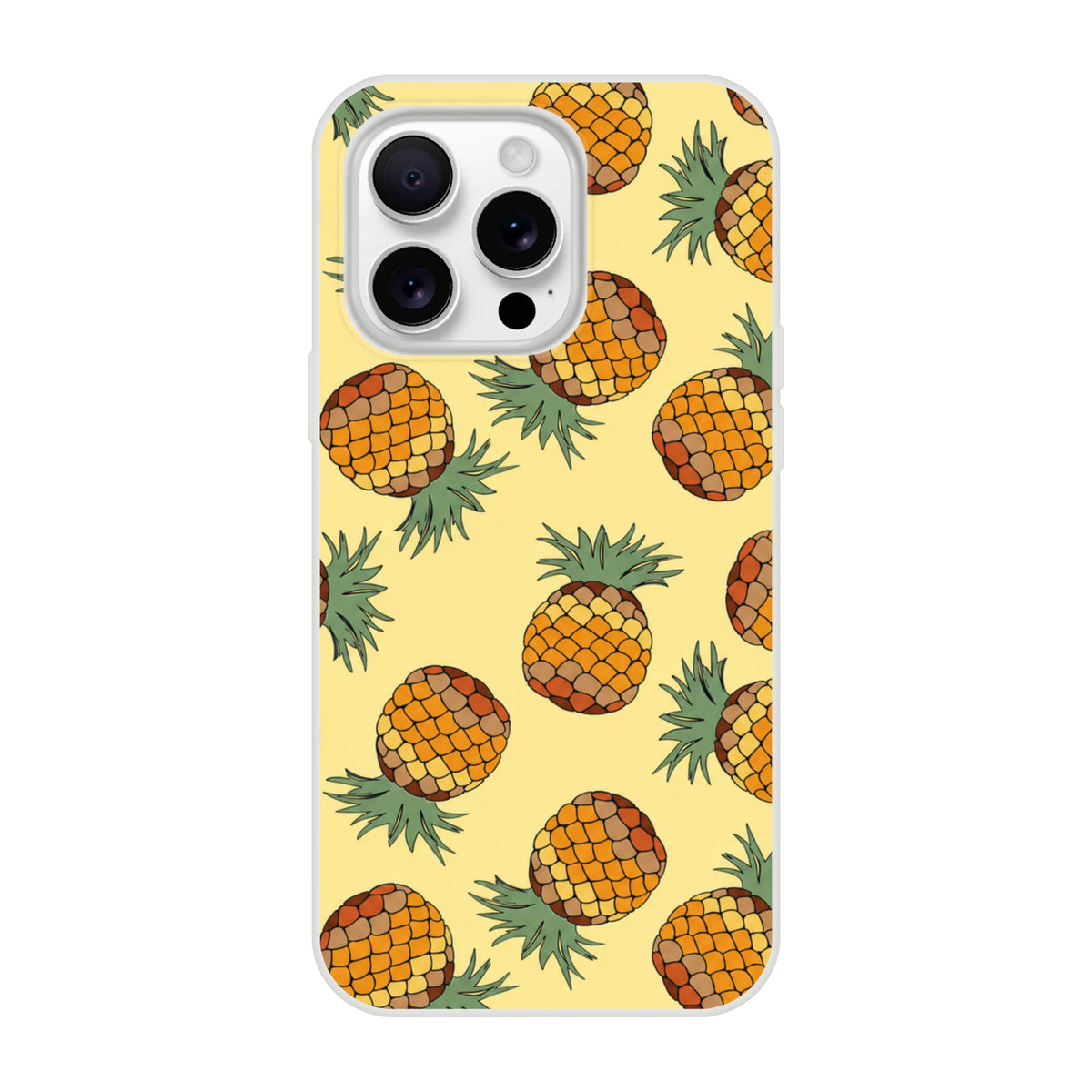 Cute pineapple-pattern iPhone case for iPhone 13-16 with yellow tropical print and triple-camera cutout