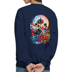 Navy petrolhead sweatshirt back featuring colorful tucked stance car graphic, palm trees, and Urban Palm Trees text.