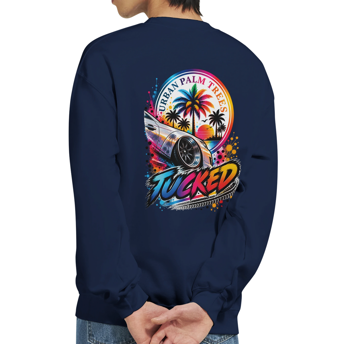 Navy petrolhead sweatshirt back featuring colorful tucked stance car graphic, palm trees, and Urban Palm Trees text.