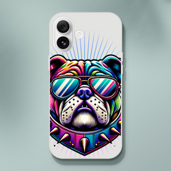 Colorful bulldog graphic with sunglasses on a transparent slim protective case for iPhone 13-16.