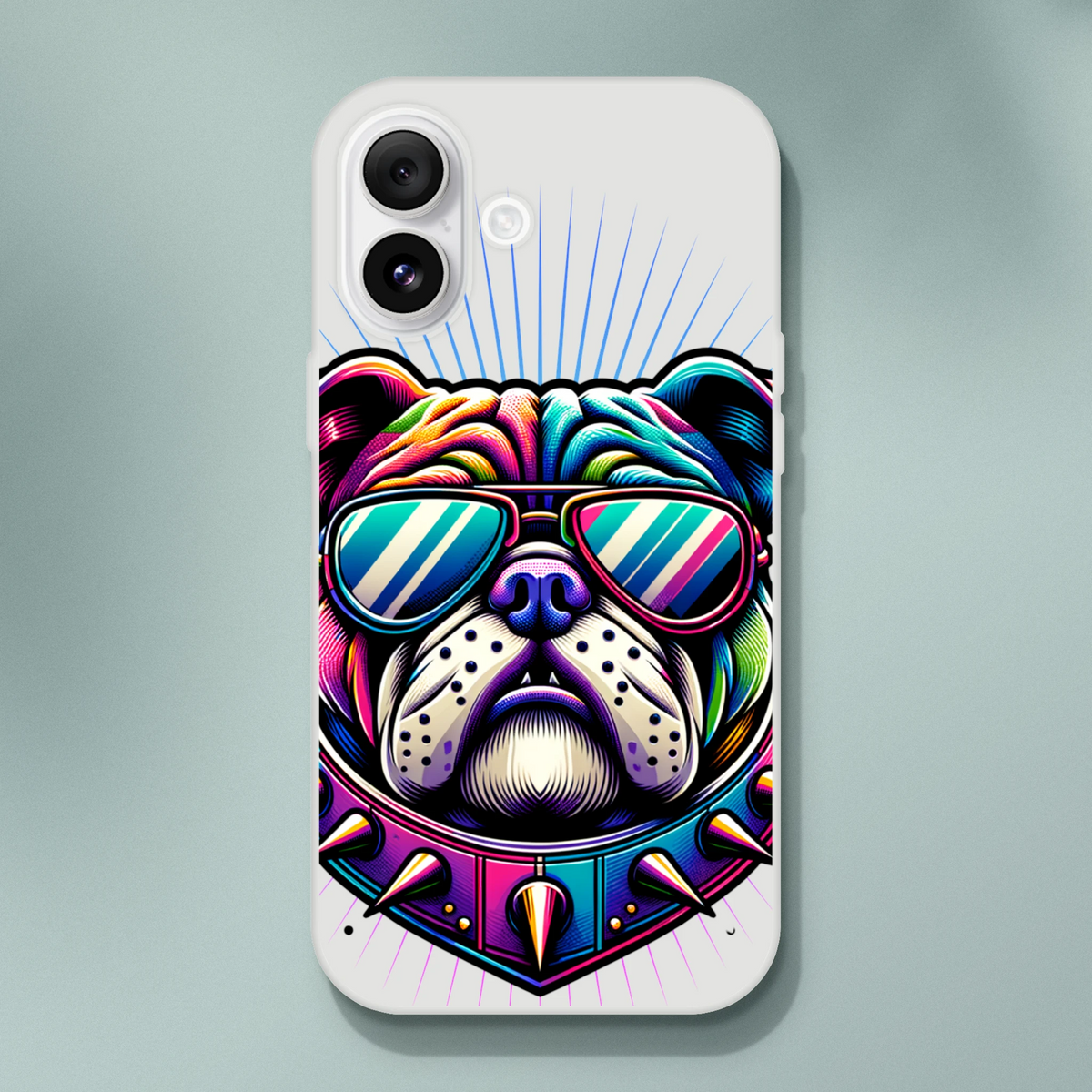 Colorful bulldog graphic with sunglasses on a transparent slim protective case for iPhone 13-16.