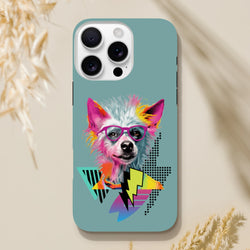 Retro pop art iPhone case featuring a colorful dog with pink glasses, neon lightning bolts, and geometric shapes on a teal background.