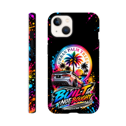 Built Not Bought iPhone case featuring modified car art, Urban Palm Trees logo, and colorful paint splatters on black with wraparound design.