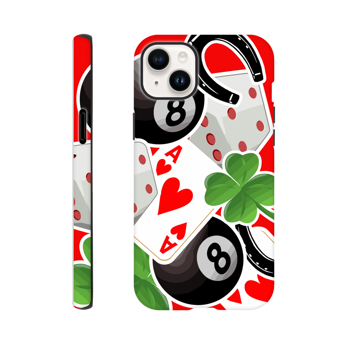 Tough iPhone case with Ace of Hearts, 8-ball, four-leaf clover, and horseshoe graphics on a red background.