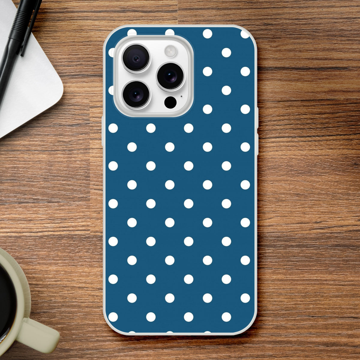 Retro navy blue and white polka dot iPhone case with matte finish. Shock-absorbing TPU protection for iPhone 13-16.