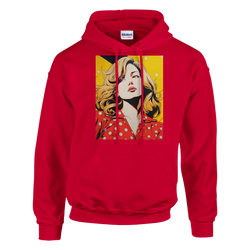 Red vintage pop art hoodie featuring a retro graphic of a blonde woman in a polka dot top against a yellow background.