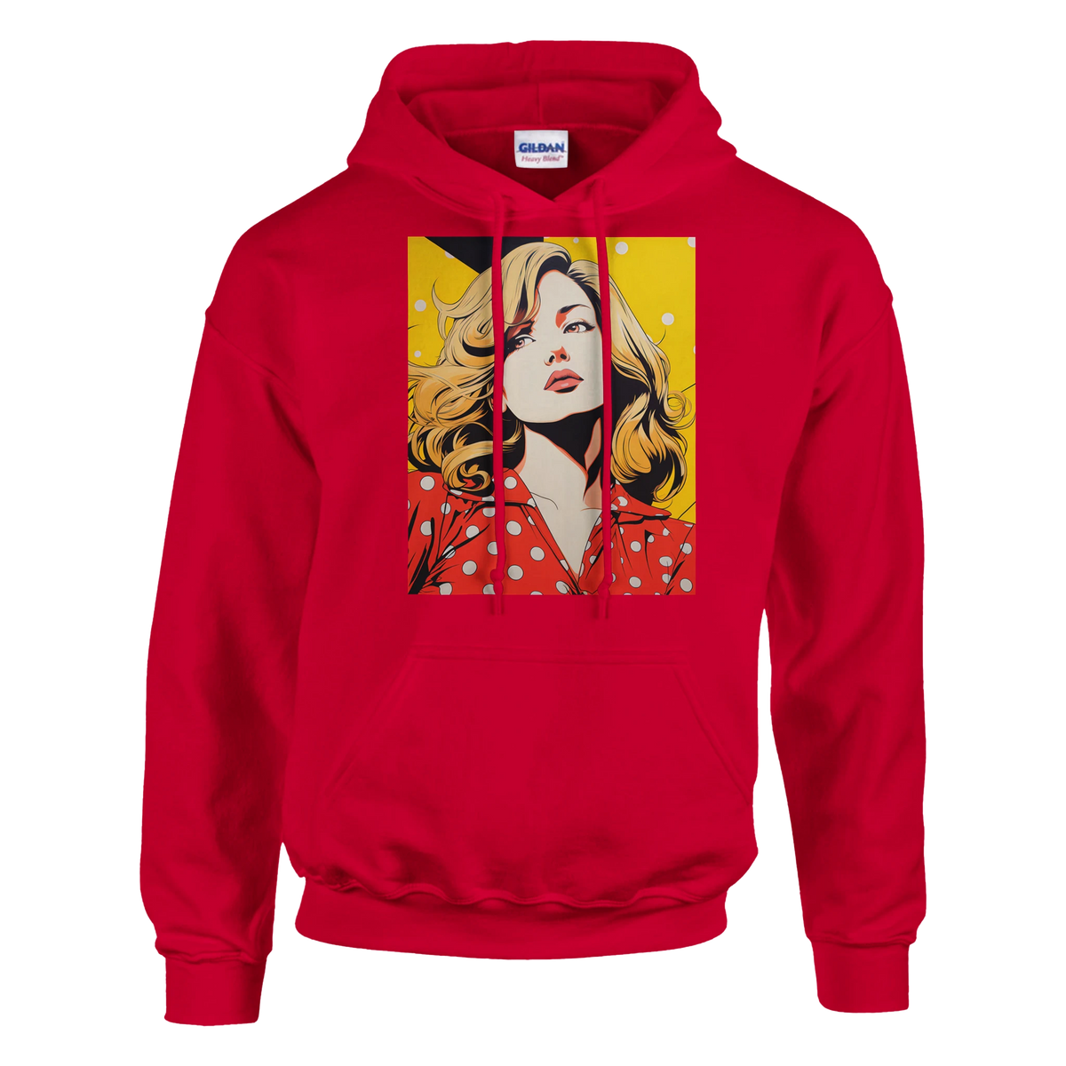 Red vintage pop art hoodie featuring a retro graphic of a blonde woman in a polka dot top against a yellow background.