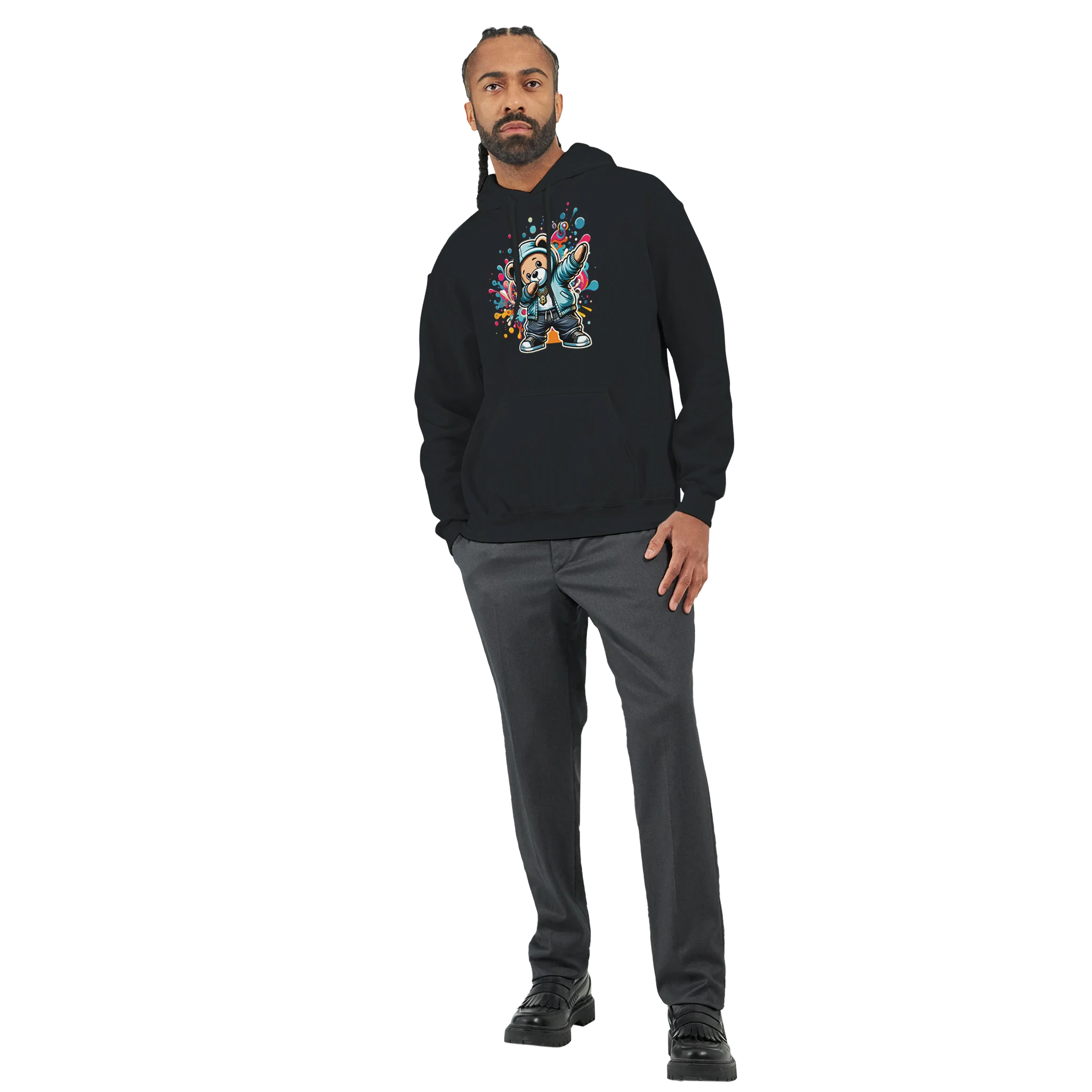 Man wearing black Men's Dab Teddy Bear Hoodie sizes S to XL, 50/50 cotton-poly blend with colorful teddy bear graphic.