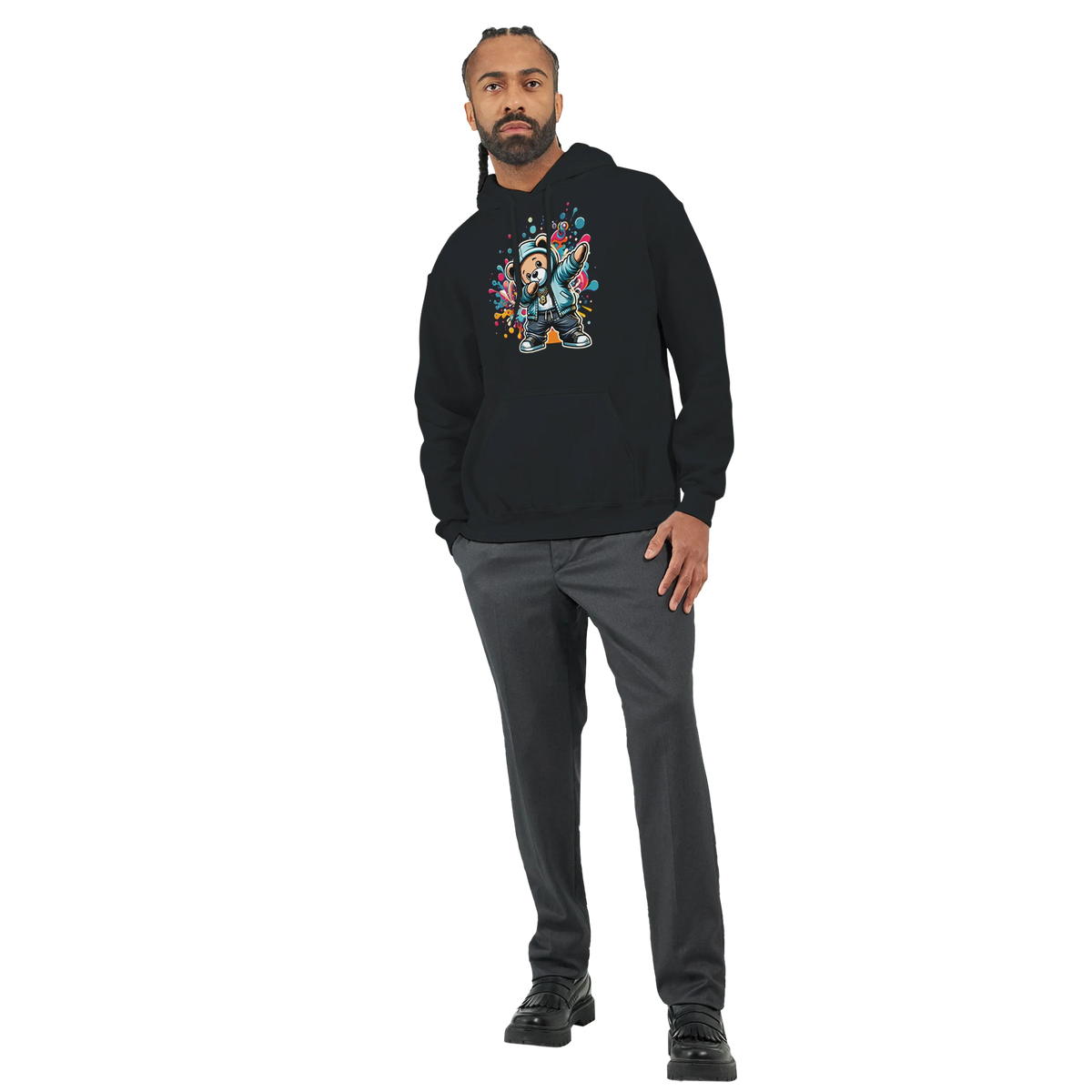 Man wearing black Men's Dab Teddy Bear Hoodie sizes S to XL, 50/50 cotton-poly blend with colorful teddy bear graphic.