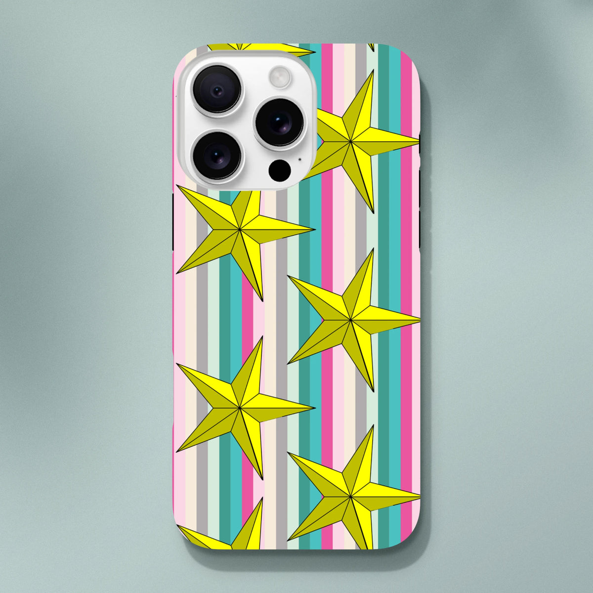 Retro iPhone case featuring yellow 3D stars on pastel vertical stripes. Durable street-style phone cover with shock-absorbing protection.