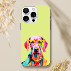 Vibrant pop art dog iPhone case featuring a colorful hound in yellow glasses and scarf on a lime green background.