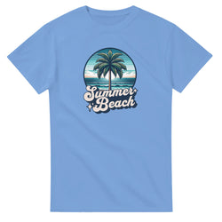 Blue women's graphic tee featuring palm tree circle over sea and Summer Beach lettering