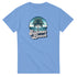 Blue women's graphic tee featuring palm tree circle over sea and Summer Beach lettering