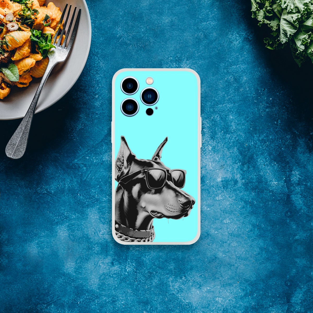 Cool Dog iPhone Case (13-16) Retro Aesthetic in blue with a black and white dog wearing sunglasses.