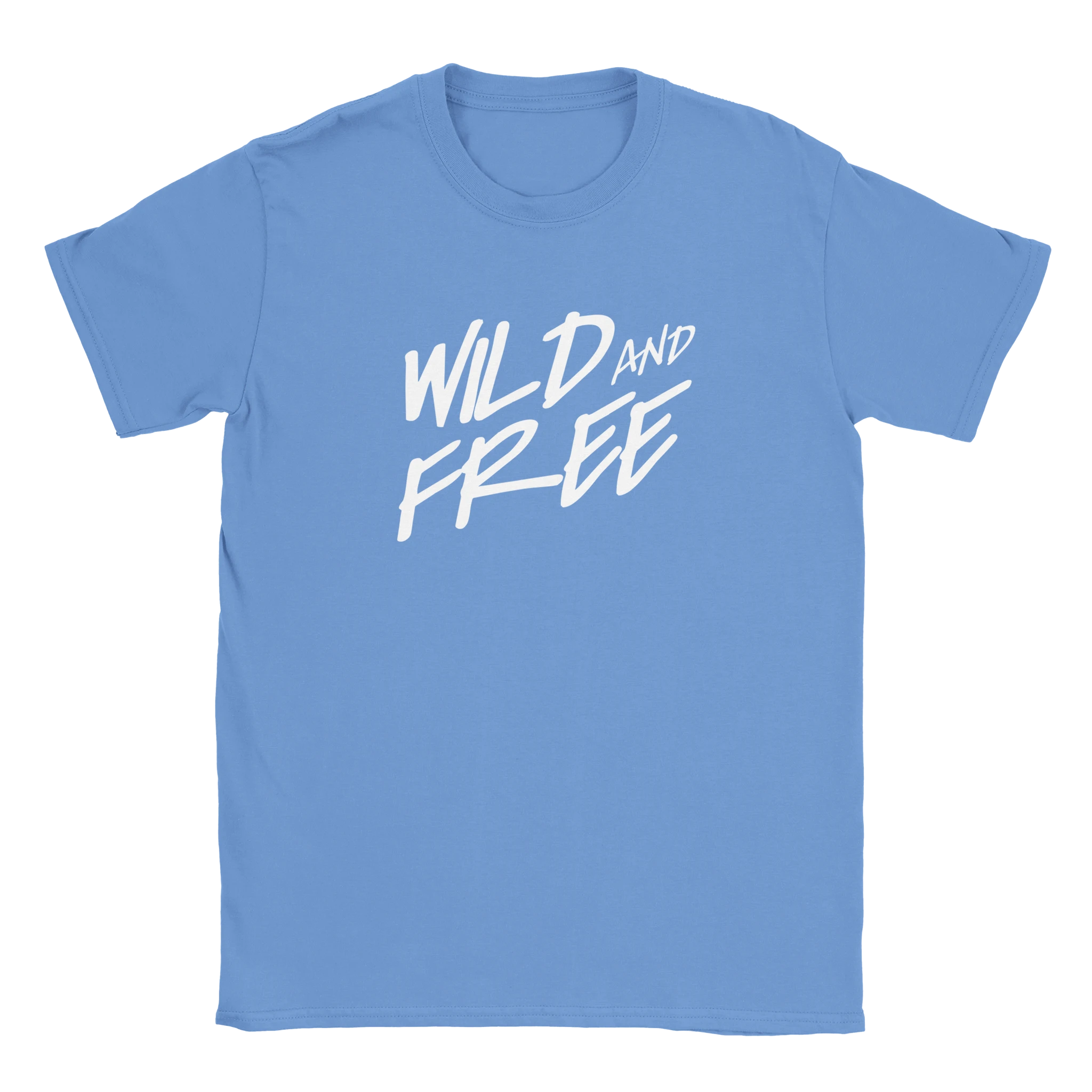 Blue women's T-shirt with bold white 'WILD AND FREE' slogan and palm-tree motif.
