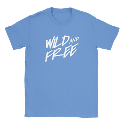 Blue women's T-shirt with bold white 'WILD AND FREE' slogan and palm-tree motif.