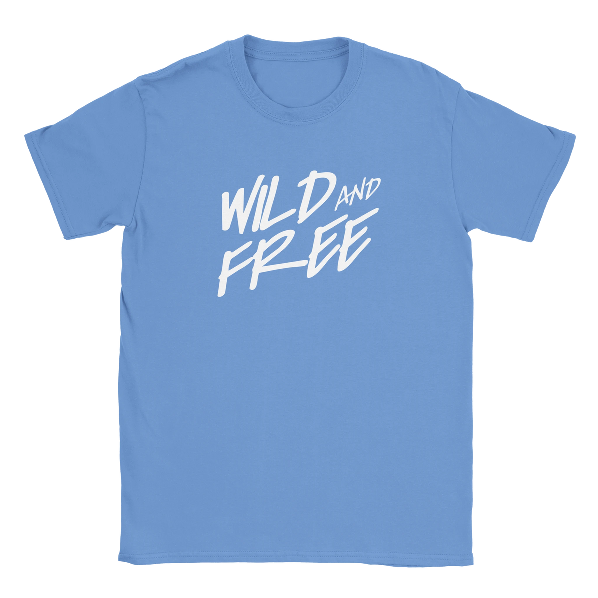 Blue women's T-shirt with bold white 'WILD AND FREE' slogan and palm-tree motif.