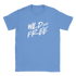 Blue women's T-shirt with bold white 'WILD AND FREE' slogan and palm-tree motif.